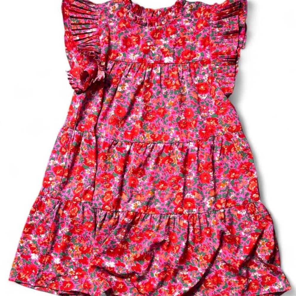 Pink Floral Ruffle Tiered Mini Dress Cottagecore Teacher Dress